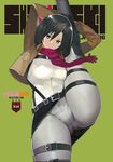  :&lt; arms_behind_head arms_up belt black_eyes black_hair boots buckle cover cover_page doujin_cover flexible highres jacket leg_up long_sleeves mikasa_ackerman military military_uniform namaniku_atk open_clothes open_jacket pantylines paradis_military_uniform scarf shingeki_no_kyojin short_hair solo split standing standing_on_one_leg standing_split stretch thigh_strap uniform 