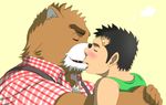  age_difference anthro band-aid bear blush clothing duo eyes_closed gay human human_on_anthro interspecies kissing male mammal shota young 