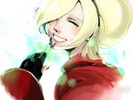  androgynous ash_crimson black_nails blonde_hair closed_eyes face fingerless_gloves fingernails fire freckles gloves grin hair_over_one_eye hairband lips long_fingernails male_focus nail_polish pyrokinesis smile solo the_king_of_fighters thegodsrequiem 