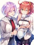 2girls belt chaldea_uniform coat comiket_91 cup drink eyebrows_hidden_by_hair eyes_visible_through_hair fate/grand_order fate_(series) fujikawa_akira fujimaru_ritsuka_(female) hair_between_eyes highres holding holding_cup holding_plate looking_at_another looking_at_viewer mash_kyrielight multiple_girls necktie one_eye_closed open_mouth orange_eyes orange_hair pantyhose plate purple_eyes purple_hair shirt short_hair side_ponytail skirt smile tea teacup teapot 