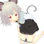  animal_ears arms_behind_back barefoot blush capelet commentary_request dress gem grey_dress grey_hair grey_panties hand_under_clothes hand_under_skirt highres ishikkoro jewelry kneeling long_sleeves mouse_ears mouse_tail nazrin necklace open_mouth panties panty_pull pendant pink_eyes shirt simple_background solo tail touhou underwear white_background 
