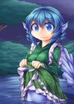  absurdres blue_eyes blue_hair clothes_lift fun_bo head_fins highres japanese_clothes kimono kimono_lift mermaid monster_girl revision sash short_hair solo symbol-shaped_pupils tears touhou translated wakasagihime water wet 