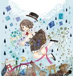  album_cover bow brown_hair clam cover crescent cup droplet falling flower gap hair_bow hat headwear_removed hourglass onigiri_(ginseitou) ribbon short_hair skirt solo star suspenders teacup television torii touhou usami_renko 