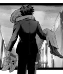  1boy 1girl arms_around_neck boku_no_hero_academia carrying commentary english_commentary greyscale hallway hetero highres holding holding_shoes holding_unworn_clothes instagram_username long_skirt medium_hair midoriya_izuku monochrome mu_1_2 princess_carry shoes skirt socks suit twitter_username unworn_shoes uraraka_ochaco watermark 