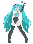  1girl :d alternate_costume aqua_eyes aqua_hair aqua_necktie arm_behind_back arm_up black_arm_warmers black_leotard black_thighhighs breasts deformed full_body grey_shirt hatsune_miku highres holding holding_microphone leotard long_hair looking_at_viewer medium_breasts microphone monster_l_(hochihochiha) necktie open_mouth shirt simple_background sleeveless sleeveless_shirt smile solo thighhighs twintails very_long_hair vocaloid white_background 