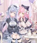  2girls animal_ears animal_hat apron artist_request belt belt_around_waist beret between_legs black_belt blue_gemstone blue_hair bow breasts cat_ears cat_hat character_request closed_mouth clothing_request couch crescent crescent_hair_ornament cup eyelashes flower frilled_apron frills gem hair_ornament hand_between_legs hand_up hat head_tilt highres indie_virtual_youtuber indoors knees leg_belt leg_warmers long_hair long_sleeves looking_at_viewer medium_breasts multicolored_hair multiple_girls munmosshu on_couch open_mouth parted_bangs pink_hair puffy_sleeves red_pupils second-party_source sitting smile star_(symbol) teacup teapot white_bow x_hair_ornament yellow_eyes 