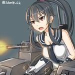  anchor_symbol bare_shoulders black_hair breasts firing gloves kantai_collection large_breasts machinery open_mouth ponytail rabochicken red_eyes sailor_collar solo twitter_username white_gloves yahagi_(kantai_collection) 