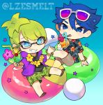  2boys black_shirt blue_eyes blue_hair chibi chibi_only cocktail crazy_straw crossed_legs drinking_straw eyewear_on_head fang flower flower_necklace full_body glasses gradient-tinted_eyewear green_hair grin hair_between_eyes heart_straw hibiscus highres humanization iggy_koopa looking_at_another looking_at_object ludwig_von_koopa lzesmelt male_focus mario_(series) multiple_boys sandals semi-rimless_eyewear shirt smile tinted_eyewear tropical_drink white-framed_eyewear 