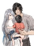  1girl 2boys beard_stubble black_hair blue_eyes blue_ribbon braid child clive_rosfield couple dress facial_hair family father_and_son final_fantasy final_fantasy_xvi grey_eyes grey_hair grey_shirt hair_ribbon hand_on_another&#039;s_waist hetero highres horoq3 if_they_mated jill_warrick long_hair looking_at_another low-tied_long_hair mother_and_son multiple_boys parted_lips red_shirt ribbon scar scar_on_cheek scar_on_face shirt short_hair side_braid sleeves_rolled_up smile stubble swept_bangs upper_body white_background white_dress 