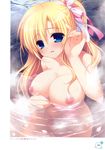  absurdres blonde_hair blue_eyes breasts censored cherry_blossoms convenient_censoring hair_ribbon hair_tucking highres large_breasts long_hair mekami_suzu nanaka_mai nipples nude onsen page_number partially_submerged pure_girl ribbon ripples solo steam steam_censor water 