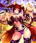  absurdres animal_ears armor bare_shoulders cerberus_(shingeki_no_bahamut) choker contrapposto dog_ears gauntlets greaves grin halo hand_puppet highres long_hair midriff navel puppet purple_legwear red_eyes red_hair scan shingeki_no_bahamut side-tie_bottom smile solo standing tachikawa_mushimaro thighhighs twintails very_long_hair 