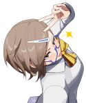  1girl brown_eyes brown_hair digimon digimon_story:_time_stranger from_above glasses highres jacket looking_at_viewer nathan_stefv sagisaka_hiroko selfie semi-rimless_eyewear short_hair simple_background solo sparkle tongue tongue_out under-rim_eyewear upper_body v white_background white_jacket 