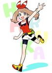  arms_up bike_shorts blue_eyes blush bright_pupils brown_hair full_body hair_ribbon haruka_(pokemon) looking_at_viewer open_mouth pokemon pokemon_(game) pokemon_oras ribbon running smile solo ucchii 