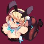  :q animal_ears arched_back ass bare_shoulders black_gloves blonde_hair blue_eyes blue_hair blush boots breasts brown_legwear bunny_ears bunny_tail bunnysuit cleavage covering covering_breasts detached_collar earrings elbow_gloves fake_animal_ears from_above glasses gloves hairband high_heel_boots high_heels jewelry kusanagi_tonbo large_breasts looking_at_viewer looking_up multicolored_hair original over-rim_eyewear pantyhose red-framed_eyewear red_background semi-rimless_eyewear simple_background solo tail tongue tongue_out topless two-tone_hair wrist_cuffs 