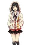  :p adapted_costume black_hair black_legwear casual contemporary hood hoodie kneehighs leaf-pattern_stripe looking_at_viewer red_eyes sachi_(y0sh1sach1) shameimaru_aya short_hair skirt smile solo tongue tongue_out touhou 