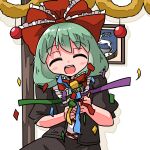  1girl absurdres birthday bow brown_skirt commission facing_viewer front_ponytail green_hair hair_ribbon happy_birthday highres indoors kagiyama_hina kasuya_baian open_mouth pixiv_commission red_bow red_ribbon ribbon skirt smile solo touhou upper_body 