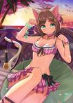  akiyasu animal_ears bell bikini blush bow breasts brown_hair cat_ears cat_tail choker frilled_bikini frills green_eyes hair_ribbon idolmaster idolmaster_cinderella_girls jingle_bell looking_at_viewer maekawa_miku medium_breasts microphone ocean paw_pose ribbon short_hair smile solo sunset swimsuit tail 