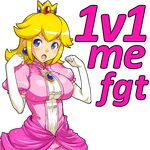  1girl blonde_hair blue_eyes breasts crown denkishowgun dress earrings elbow_gloves female gloves jewelry large_breasts looking_at_viewer meme nintendo open_mouth photoshop princess_peach smile solo super_mario_bros. text transparent_background 