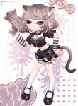  1girl :3 animal_ear_fluff animal_ears black_arm_warmers black_choker black_shirt black_shoes black_skirt breasts brown_hair cat_ears cat_girl cat_tail choker cleavage closed_mouth commentary_request commission crop_top extra_ears frilled_skirt frilled_sleeves frills full_body hair_ornament hand_on_own_hip heart heart_hair_ornament highres holding holding_weapon inkling inkling_girl inkling_player_character looking_at_viewer mary_janes medium_breasts medium_hair midriff narrowed_eyes navel pointy_ears puchiman puffy_short_sleeves puffy_sleeves red_eyes second-party_source shirt shoes short_sleeves skeb_commission skirt smile socks solo splatoon_(series) splattershot_jr._(splatoon) striped_arm_warmers tail tentacle_hair thigh_strap variant_set weapon white_arm_warmers white_socks x_hair_ornament 