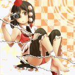  :o barefoot black_hair bra camera checkered checkered_background hat looking_at_viewer page_tear panties red_eyes revealing_cutout sachi_(y0sh1sach1) shameimaru_aya short_hair skirt solo tokin_hat touhou underwear 