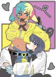  2girls aqua_eyes aqua_hair bad_id bad_pixiv_id blonde_hair blue_gloves blush canari_(pokemon) closed_mouth coat crop_top dark-skinned_female dark_skin eyelashes gloves gwynn_(pokemon) han0579 heart highres hug hug_from_behind jacket long_sleeves looking_at_another looking_at_viewer mask mask_pull mouth_mask multicolored_hair multiple_girls navel open_mouth pants partially_fingerless_gloves pokemon pokemon_legends:_z-a purple_eyes purple_hair short_hair simple_background split-color_hair twintails two-tone_hair white_coat yellow_jacket 