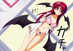  :o bat_wings bathroom blouse bra breasts cleavage dress_shirt dutch_angle head_wings highres koakuma kurenaidahlia long_hair looking_at_viewer low_wings medium_breasts navel no_pants open_blouse open_clothes open_shirt panties perspective pink_bra pink_panties pov red_hair shirt showering solo stomach touhou underwear undressing white_blouse wings 