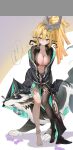  1girl anklet black_coat blonde_hair breasts cleavage coat commentary_request cosplay green_eyes hat highres jewelry large_breasts leaning_forward link long_hair midna midna_(cosplay) mouth_hold navel no_shoes pointy_ears princess_zelda shuri_(84k) single_leg_pantyhose solo speech_bubble standing the_legend_of_zelda the_legend_of_zelda:_twilight_princess thought_bubble translation_request wolf wolf_link 