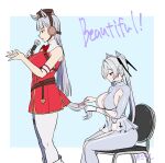  2girls 384muchimuchi animal_ears armband armpit_cutout blunt_bangs bodysuit bow breasts brown_hat brushing brushing_tail chair cinderella_(nikke) cleavage clothing_cutout comb crossover dress ear_bow ear_covers ear_ribbon gloves goddess_of_victory:_nikke gold_ship_(red_strife)_(umamusume) gold_ship_(umamusume) grey_hair hair_brush hair_over_one_eye hat highres holding holding_another&#039;s_tail holding_brush holding_hair_brush holding_microphone horse_ears horse_girl horse_tail large_breasts leg_cutout long_hair microphone multiple_girls one_eye_covered pantyhose photo-referenced pillbox_hat purple_eyes red_dress red_eyes see-through_bodysuit see-through_clothes see-through_skirt simple_background sitting skirt sleeveless sleeveless_dress smile stomach_cutout striped_armband striped_clothes tail twintails umamusume very_long_hair white_background white_bodysuit white_hair white_pantyhose 