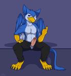  2014 ark_gullwing avian balls beak blue_eyes erection gryphon inviting looking_at_viewer male muzz penis sitting solo talons topless wings 