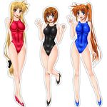  blonde_hair blue_eyes brown_hair competition_swimsuit fate_testarossa hair_ornament high_heels long_hair looking_at_viewer low-tied_long_hair lyrical_nanoha mahou_shoujo_lyrical_nanoha_strikers multiple_girls one-piece_swimsuit purple_eyes red_eyes red_hair sen_(sansui) side_ponytail star swimsuit takamachi_nanoha v very_long_hair x_hair_ornament yagami_hayate 