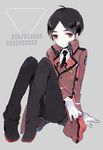  1boy ahoge black_hair brown_background coat gloves kichijouji_shinkurou mahouka_koukou_no_rettousei necktie pants red_eyes school_uniform shoes short_hair 