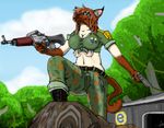  anthro big_breasts blue_eyes breasts brown_hair cat cleavage clothed clothing cloud feline female furpics gun hair jungle mammal medal military multi_breast nipples patchi ranged_weapon rocks sky small_breasts structure tree weapon 