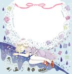  album_cover blonde_hair bow cover crescent cup dress droplet ground_vehicle hat hat_ribbon maribel_hearn onigiri_(ginseitou) ribbon short_hair sleeping solo teacup touhou train 
