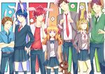  4boys ? animal_ears black_hair blonde_hair blue_hair bow brown_hair bunny_ears gekkan_shoujo_nozaki-kun gensou_aporo hair_bow heart highres hori_masayuki kashima_yuu kneehighs mikoshiba_mikoto miniskirt multiple_boys multiple_girls necktie nozaki_umetarou pleated_skirt polka_dot polka_dot_bow raccoon red_hair rouman_academy_uniform sakura_chiyo school_uniform seo_yuzuki skirt spoken_blush spoken_heart spoken_question_mark spoken_sparkle spoken_sweatdrop sweatdrop tanuki thighhighs wakamatsu_hirotaka 