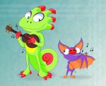 2025 3_toes 4_fingers absurd_res anthro arms_bent bat belly big_nose blue_background blue_eyes cel_shading chameleon colored curled_tail digital_drawing_(artwork) digital_media_(artwork) duo english_description featureless_crotch featureless_feet feet female feral fingers flute fur green_body green_eyes green_skin green_tail hi_res larger_anthro larger_male laylee light lighting lizard long_tail lute male mammal membrane_(anatomy) membranous_wings mrgametv1994 multicolored_body multicolored_fur multicolored_skin musical_instrument musical_note musical_symbol nude nude_anthro nude_female nude_feral nude_male orange_body orange_feet orange_fur orange_inner_ear orange_wings playing_flute playing_music playing_ukulele playtonic_games plucked_string_instrument purple_body purple_fur red_hands red_nose red_toes reptile scalie shaded signature simple_background size_difference smaller_female smile smiling_at_another standing string_instrument symbol tail toes two_tone_body two_tone_fur ukulele wind_instrument wings woodwind_instrument yellow_belly yooka yooka-laylee