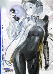  1girl absurdres blue_eyes fantasy grey_hair highres looking_to_the_side metal_gloves metal_skin mole mole_under_eye navel nerok open_mouth original phone science_fiction short_hair solo white_hair 
