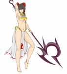  alternate_costume anklet arm_strap arm_up armpits ascot bare_legs barefoot black_hair bow bracelet breasts cookin full_body grey_eyes hair_bow hair_tubes hakurei_reimu highres jewelry legs loincloth looking_at_viewer medium_breasts midriff navel pelvic_curtain polearm revealing_clothes simple_background smile solo touhou underboob weapon white_background 