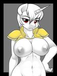  2014 absurd_res areola armor big_breasts breasts equine fangs female grey_nipples hair hi_res horn horse kloudmutt looking_at_viewer mammal my_little_pony navel nipples pony red_eyes short_hair solo teeth unicorn white_hair white_skin wide_hips 