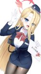  1q_(madoromi_minority) :d \|||/ black_pantyhose blonde_hair blue_archive blue_eyes blue_hat blue_jacket blue_skirt bow bowtie breasts buttons collared_shirt commentary curtained_hair dress_shirt eyes_visible_through_hair fang garrison_cap gloves gradient_halo hair_over_one_eye halo hand_up hat holding holding_sign jacket large_breasts leaning_forward long_hair long_sleeves multicolored_hair multicolored_halo name_tag neck_tattoo official_alternate_costume open_hand open_mouth pantyhose pencil_skirt pina_(blue_archive) pina_(guide)_(blue_archive) red_bow red_bowtie red_halo red_streaks shirt sign simple_background skin_fang skirt smile streaked_hair tattoo tour_guide walkie-talkie waving white_background white_gloves white_shirt winged_halo 