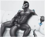  2014 balls big_penis black_hair blue_eyes claws condom dragon erection grey_skin hair humanoid_penis looking_at_viewer male navel penis reptile scalie short_hair sigma_x sitting smile solo spikes spread_legs spreading tattoo thighs uncut vein 