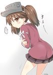  1girl absurdres brown_eyes brown_hair commentary_request covering covering_chest hair_over_one_eye hat highres kantai_collection ryuki_(ryukisukune) ryuujou_(kantai_collection) short_hair short_twintails skirt solo twintails 