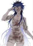  1girl bandage_over_one_eye bandaged_head bandages bandages_over_mouth black_hair blood blood_on_clothes blue_hair breasts claws cleavage coat colored_skin commentary cowboy_shot english_commentary genderswap genderswap_(mtf) gradient_hair head_tilt highres long_hair looking_at_viewer multicolored_hair omokage_yugamu purple_eyes scar scar_on_neck the_hundred_line_-last_defense_academy- very_long_hair vvks white_coat white_skin 