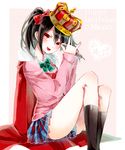  black_hair blush boots bow crown hair_bow happy_birthday looking_at_viewer love_live! love_live!_school_idol_project microphone open_mouth pleated_skirt poison916 red_eyes robe sitting skirt solo yazawa_nico 