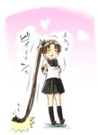  absurdly_long_hair ayanami_(kantai_collection) bad_id bad_pixiv_id blush brown_eyes brown_hair closed_eyes commentary engiyoshi full_body hair_ribbon kantai_collection long_hair open_mouth ponytail ribbon school_uniform serafuku side_ponytail skirt solo stepped_on tears translated very_long_hair 