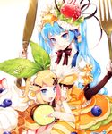  aqua_eyes aqua_hair blonde_hair blueberry bonnet bracelet candy choker food food_themed_clothes fork fruit hatsune_miku jewelry kagamine_rin kiwifruit knife leaf long_hair multiple_girls open_mouth oversized_object pancake puffy_short_sleeves puffy_sleeves reika_(clovia_studio) ribbon_choker short_sleeves smile strawberry sweets twintails very_long_hair vocaloid waffle whipped_cream 