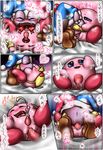  bed blue_eyes blush boots cum cumshot gloves happy hat kirby kirby_(series) kissing kurobedamu marx nintendo open_mouth orgasm penis pussy sex smile text tongue translation_request video_games wings 