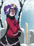  1girl :o adapted_costume black_gloves black_scarf black_skirt blue_eyes blue_hair bright_pupils commentary_request day from_side gloves hat highres jakomurashi long_sleeves looking_at_viewer miyako_yoshika ofuda outdoors purple_hat red_sweater scarf short_hair skirt snow snowing solo standing star sweater touhou tree winter 