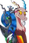  2014 antlers aurora-chiaro back_to_back blue_hair changeling discord_(mlp) draconequus duo eyeshadow fangs female friendship_is_magic green_eyes hair horn makeup male my_little_pony plain_background queen_chrysalis_(mlp) red_eyes white_hair 