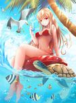  angelfish bad_id bad_pixiv_id barefoot bikini bird blonde_hair clownfish day drink front-tie_top glass innertube legs long_hair navel ocean original palm_tree red_bikini red_eyes seagull sitting sky smile soaking_feet solo swimsuit tree turtle water 