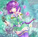  beamed_eighth_notes beamed_sixteenth_notes blue_legwear braid detached_sleeves eighth_note eighth_rest green_skirt hairband highres kijipoko long_hair microphone musical_note musical_note_print mystical_power_plant open_mouth original purple_eyes purple_hair purple_hairband quarter_note single_braid skirt solo staff_(music) toone_riko touhou 